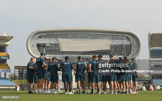 The England squad before their England Net Session at Saurashtra Cricket Association Stadium on February 13, 2024 in Rajkot, India.