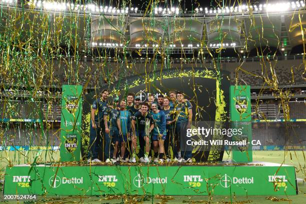 Australia celebrate after winning the series 2-1 during game three of the Men's T20 International series between Australia and West Indies at Optus...