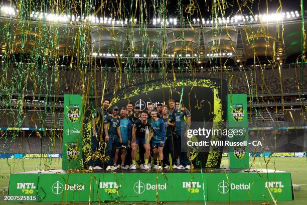 Australia celebrate after winning the series 2-1 during game three of the Men's T20 International series between Australia and West Indies at Optus...