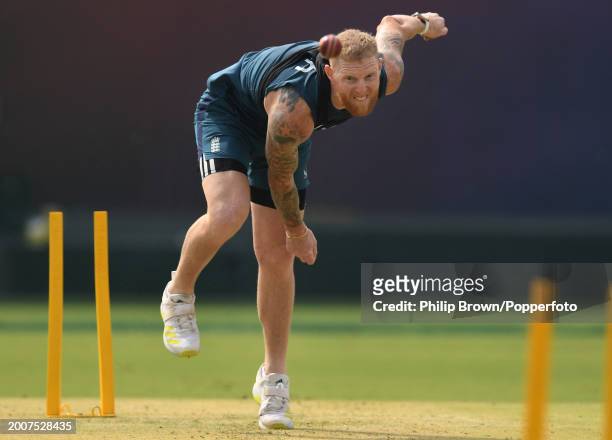 Ben Stokes of England bowls during the England Net Session at Saurashtra Cricket Association Stadium on February 13, 2024 in Rajkot, India.