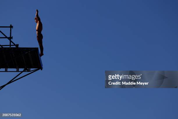 Braden Rumpit of Team New Zealand competes in the Men's 27m High Diving Rounds 1 & 2 on day twelve of the Doha 2024 World Aquatics Championships at...