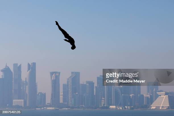Victor Ortega Serna of Team Colombia competes in the Men's 27m High Diving Rounds 1 & 2 on day twelve of the Doha 2024 World Aquatics Championships...