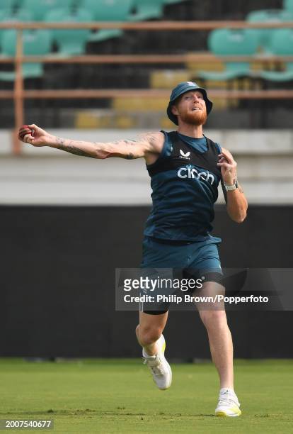 Ben Stokes of England throws a ball during the England Net Session at Saurashtra Cricket Association Stadium on February 13, 2024 in Rajkot, India.