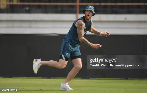Ben Stokes of England reacts during the England Net Session at Saurashtra Cricket Association Stadium on February 13, 2024 in Rajkot, India.