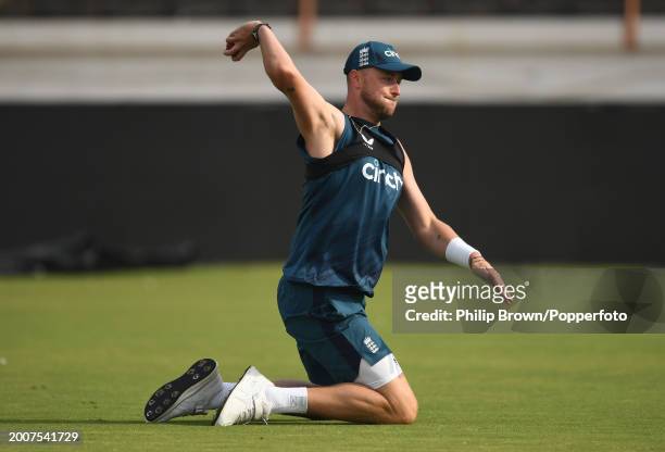 Ollie Robinson of England throws a ball during the England Net Session at Saurashtra Cricket Association Stadium on February 13, 2024 in Rajkot,...