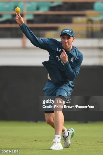 Dan Lawrence of England throws a ball during the England Net Session at Saurashtra Cricket Association Stadium on February 13, 2024 in Rajkot, India.