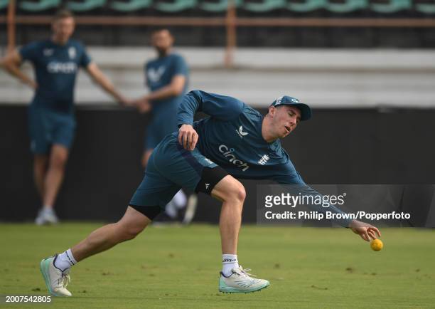 Dan Lawrence of England attempts to stop a ball during the England Net Session at Saurashtra Cricket Association Stadium on February 13, 2024 in...