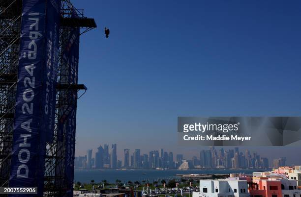 Braden Rumpit of Team New Zealand competes in the Men's 27m High Diving Rounds 1 & 2 on day twelve of the Doha 2024 World Aquatics Championships at...
