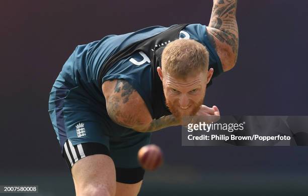 Ben Stokes of England bowls during the England Net Session at Saurashtra Cricket Association Stadium on February 13, 2024 in Rajkot, India.