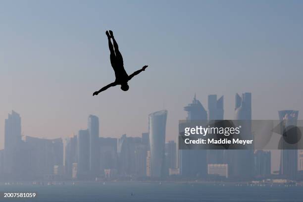 Byunghwa Choi of Team Republic of Korea competes in the Men's 27m High Diving Rounds 1 & 2 on day twelve of the Doha 2024 World Aquatics...