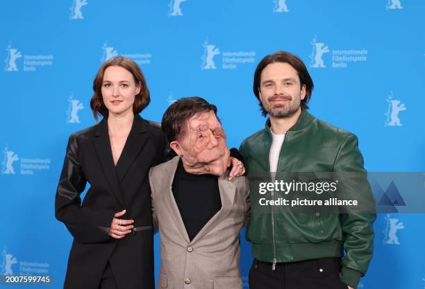 February 2024, Berlin: Renate Reinsve , actress, Adam Pearson, actor, and Sebastian Stan , actor, at the photocall of the film "A Different Man" at...