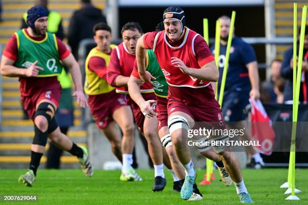 England's Alex Coles attends an England team training session at Twickenham Stadium on February 16, 2024 ahead of their Six Nations rugby union match...