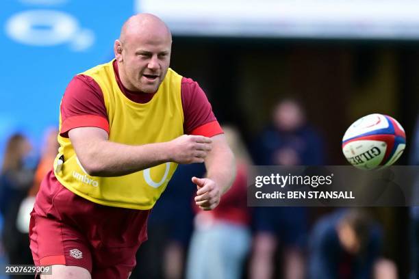 England's prop Dan Cole attends an England team training session at Twickenham Stadium on February 16, 2024 ahead of their Six Nations rugby union...