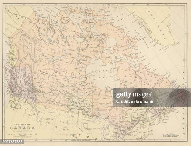 old chromolithograph map of dominion of canada - newfoundland and labrador stock pictures, royalty-free photos & images