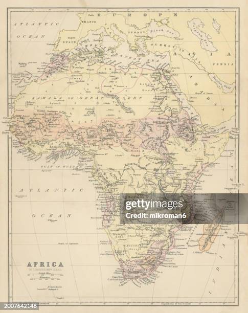 old chromolithograph map of africa - antique logo stock pictures, royalty-free photos & images