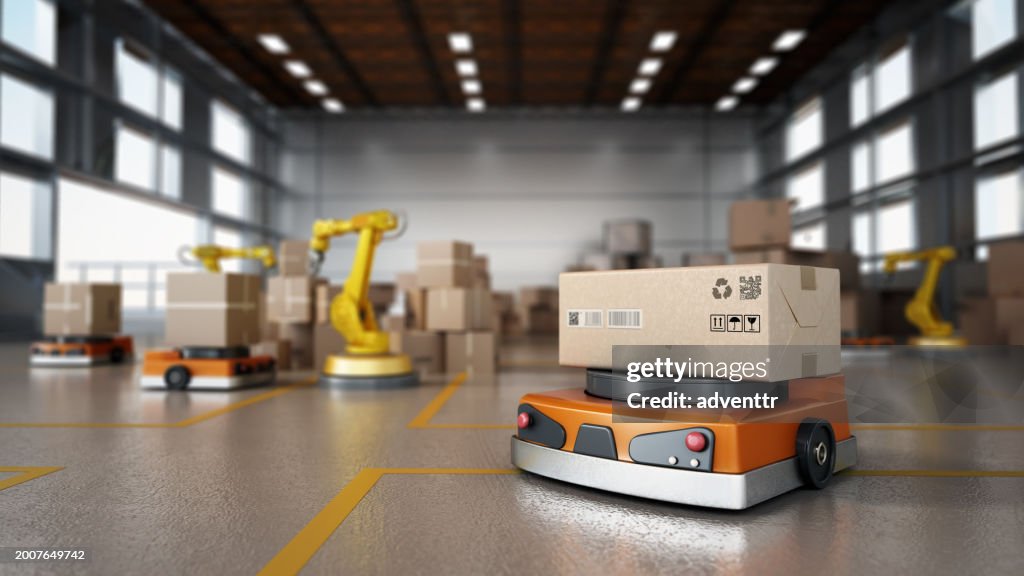 Roboterarm belädt einen autonomen Intralogistikroboter, der ein Paket transportiert