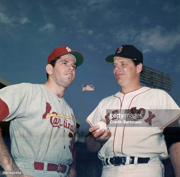 Nelson Briles , of the St Louis Cardinals, and Gary Bell, of the Boston Red Sox, the two starting pitchers for the third game of the World Series in...