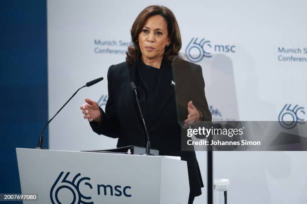 Vice President Kamala Harris speaks on stage at the 2024 Munich Security Conference on February 16, 2024 in Munich, Germany. The conference is...