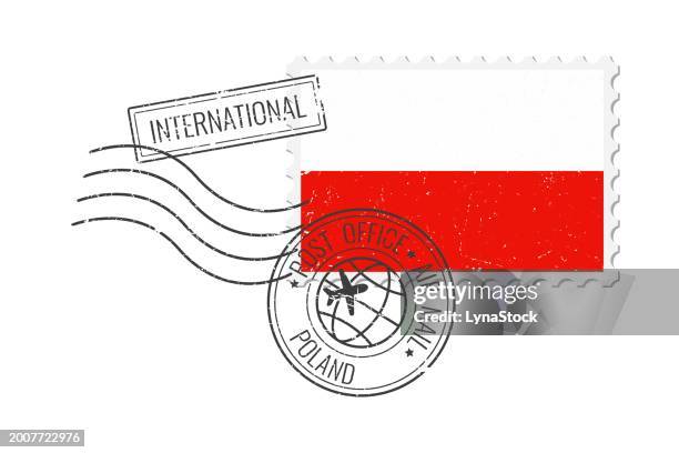 poland grunge postage stamp. vintage postcard vector illustration with polish national flag isolated on white background. retro style. - polish flag stock illustrations