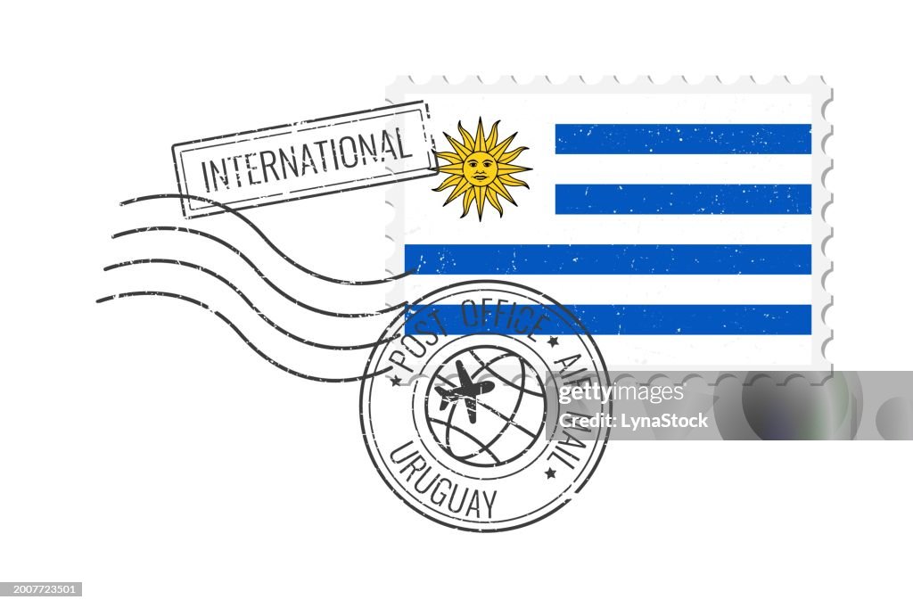 Uruguay grunge postage stamp. Vintage postcard vector illustration with Uruguaian national flag isolated on white background. Retro style.
