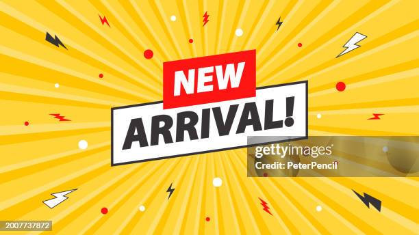 neuankömmling - bannervorlage auf dem abstrakten pop-art-sunburst-hintergrund. vektor-illustration - neues leben stock-grafiken, -clipart, -cartoons und -symbole