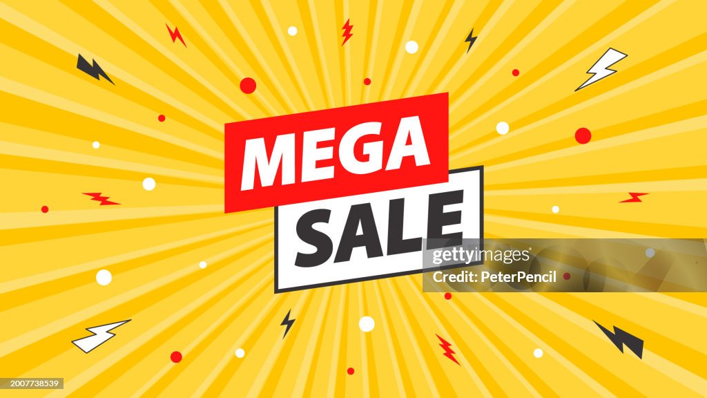 Mega Sale - Bannervorlage auf dem abstrakten Pop-Art-Sunburst-Hintergrund. Vektor-Illustration