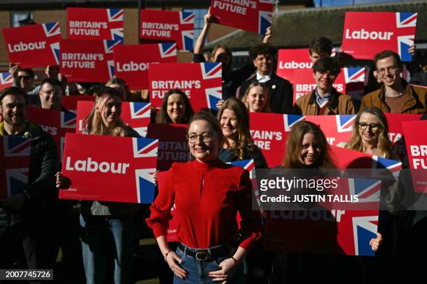 Labour Party MP Gen Kitchen poses with supporters at a photo call after her victory overnight in the Wellingborough Parliamentary by-election in...