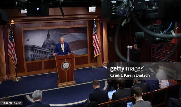 Senate Majority Leader Charles Schumer speaks on the National Security Supplemental Bill during a press conference at the U.S. Capitol on February...