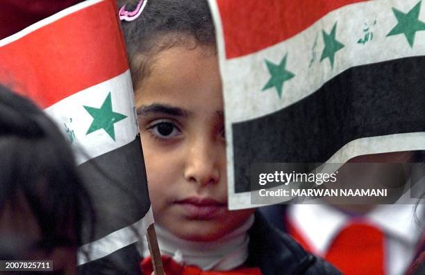 An Iraqi girl appears behind her country's flag 31 December 2002 during a peaceful demonstration near the United Nations Development Program office...