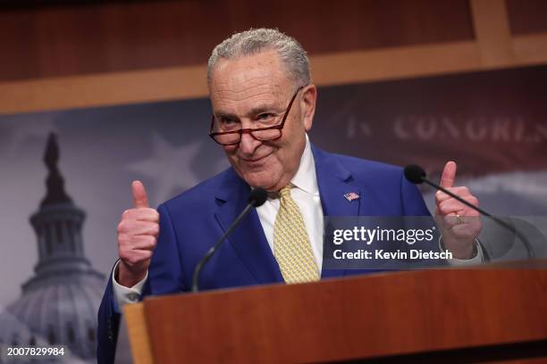 Senate Majority Leader Charles Schumer speaks on the National Security Supplemental Bill during a press conference at the U.S. Capitol on February...