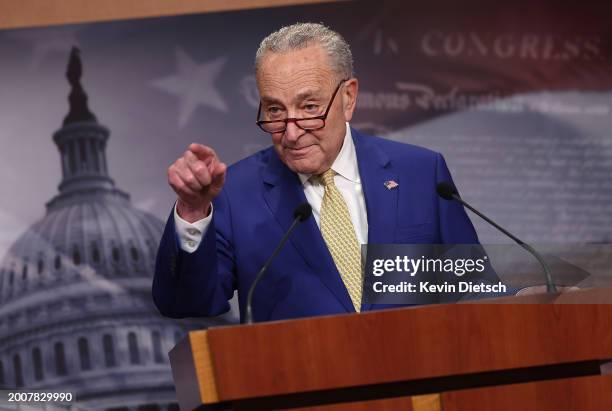 Senate Majority Leader Charles Schumer speaks on the National Security Supplemental Bill during a press conference at the U.S. Capitol on February...