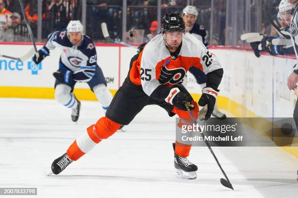 Ryan Poehling of the Philadelphia Flyers skates against the Winnipeg Jets at the Wells Fargo Center on February 8, 2024 in Philadelphia,...
