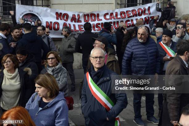 Mayors and administrations of Campania and southern Italy protest in Piazza Santi Apostoli, with tricolor sash, against the government's plan for...