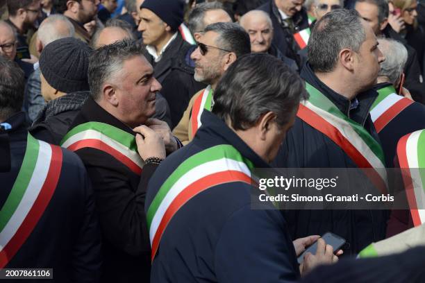 Mayors and administrations of Campania and southern Italy protest in Piazza Santi Apostoli, with tricolor sash, against the government's plan for...