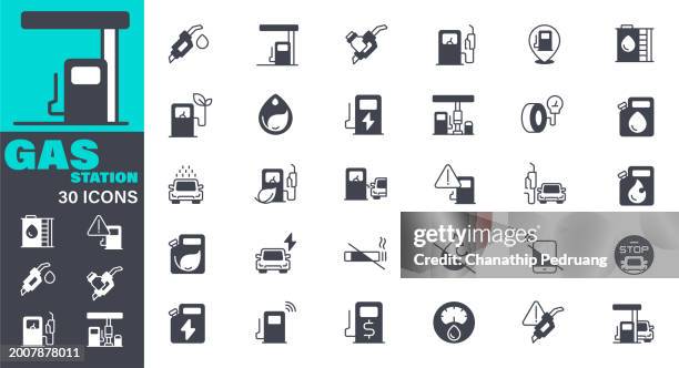 gas station icons set. solid icon collection. vector graphic elements, icon symbol, business, gasoline, gas, car, fossil fuel, fuel pump - gas station attendant stock illustrations