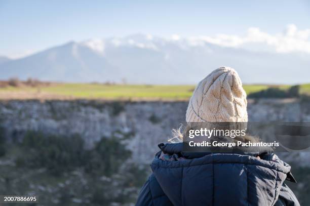 woman with warm clothes looking at a mountain view - toque stock pictures, royalty-free photos & images