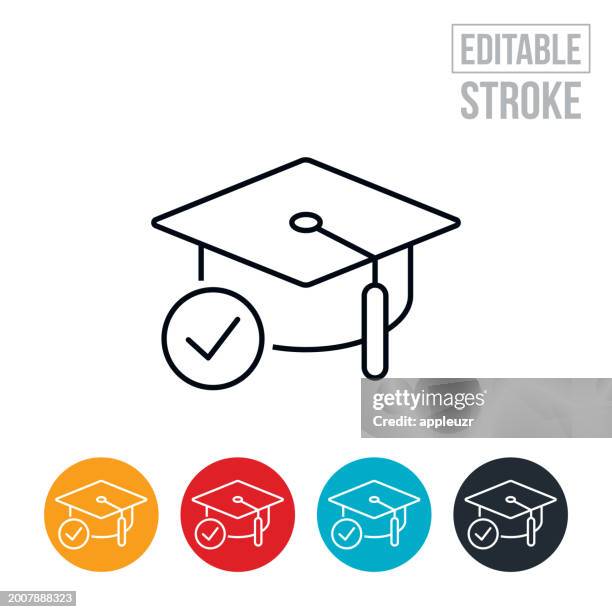 ilustraciones, imágenes clip art, dibujos animados e iconos de stock de icono de línea fina de aceptación de la educación universitaria - trazo editable - pago de matrícula