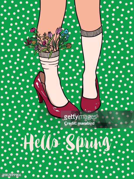 hello spring greeting sock with flowers - beautiful girls legs stock illustrations