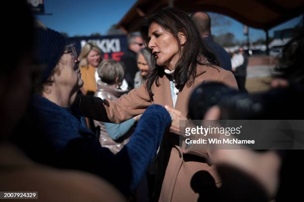 Republican presidential candidate former U.N. Ambassador Nikki Haley greets supporters after speaking at a campaign event at Bamberg Veterans Park on...