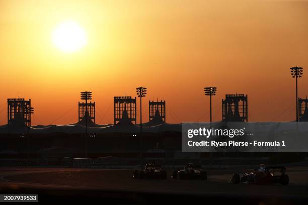 General view of track action as the sun sets during day three of Formula 3 Testing at Bahrain International Circuit on February 13, 2024 in Bahrain,...