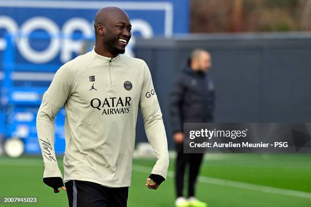 Danilo of Paris Saint-Germain reacts during a training session prior the UEFA Champions League 2023/24 round of 16 first leg match against Real...