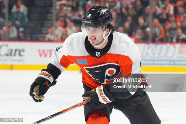 Jamie Drysdale of the Philadelphia Flyers skates against the Seattle Kraken at the Wells Fargo Center on February 10, 2024 in Philadelphia,...
