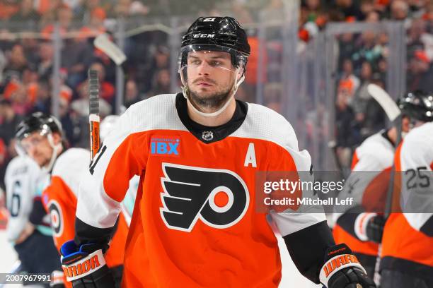 Scott Laughton of the Philadelphia Flyers looks on against the Seattle Kraken at the Wells Fargo Center on February 10, 2024 in Philadelphia,...