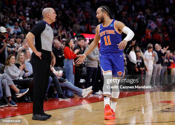 Jalen Brunson of the New York Knicks argues a call against the Houston Rockets during the second half at Toyota Center on February 12, 2024 in...
