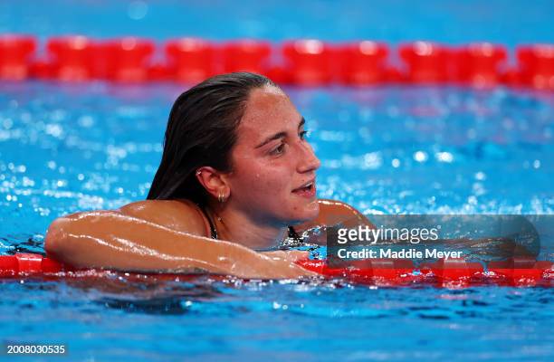 Simona Quadarella of Team Italy celebrates after winning gold in the Women's 1500m Freestyle Final on day twelve of the Doha 2024 World Aquatics...