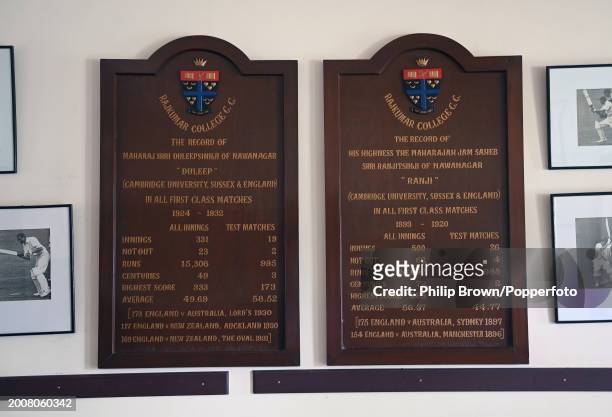 Two boards in The Duleep Cricket Pavilion honouring Duleep and Ranji at Rajkumar College pictured after the England Net Session at Saurashtra Cricket...