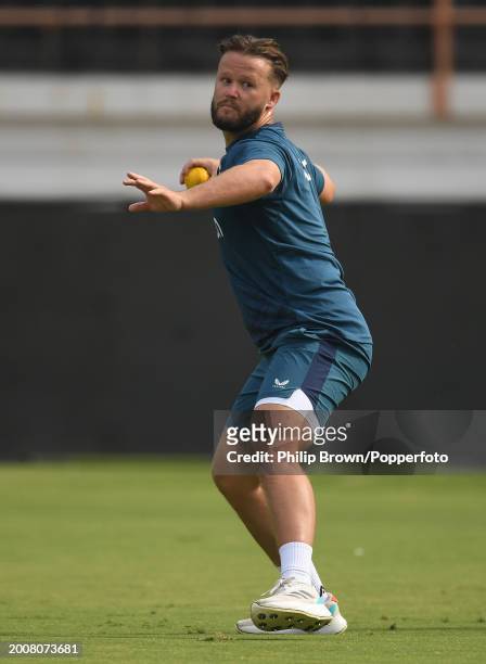 Ben Duckett throws a ball during the England Net Session at Saurashtra Cricket Association Stadium on February 13, 2024 in Rajkot, India.
