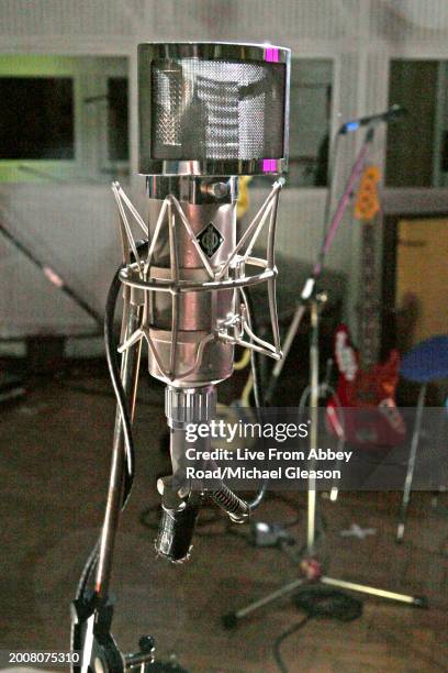 Neumann microphone with pop shield on TV show Live From Abbey Road, Abbey Road Studios, London, 31st January 2008.