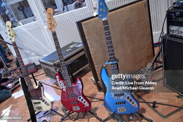 Three Fender Jazz Bass guitars in Studio 2 on TV show Live From Abbey Road, Abbey Road Studios, London, 31st January 2008.