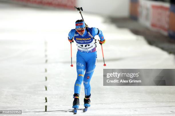 Lisa Vittozzi of Italy crosses the line after competing in Women's 15k Individual at the IBU World Championships Biathlon Nove Mesto na Morave on...